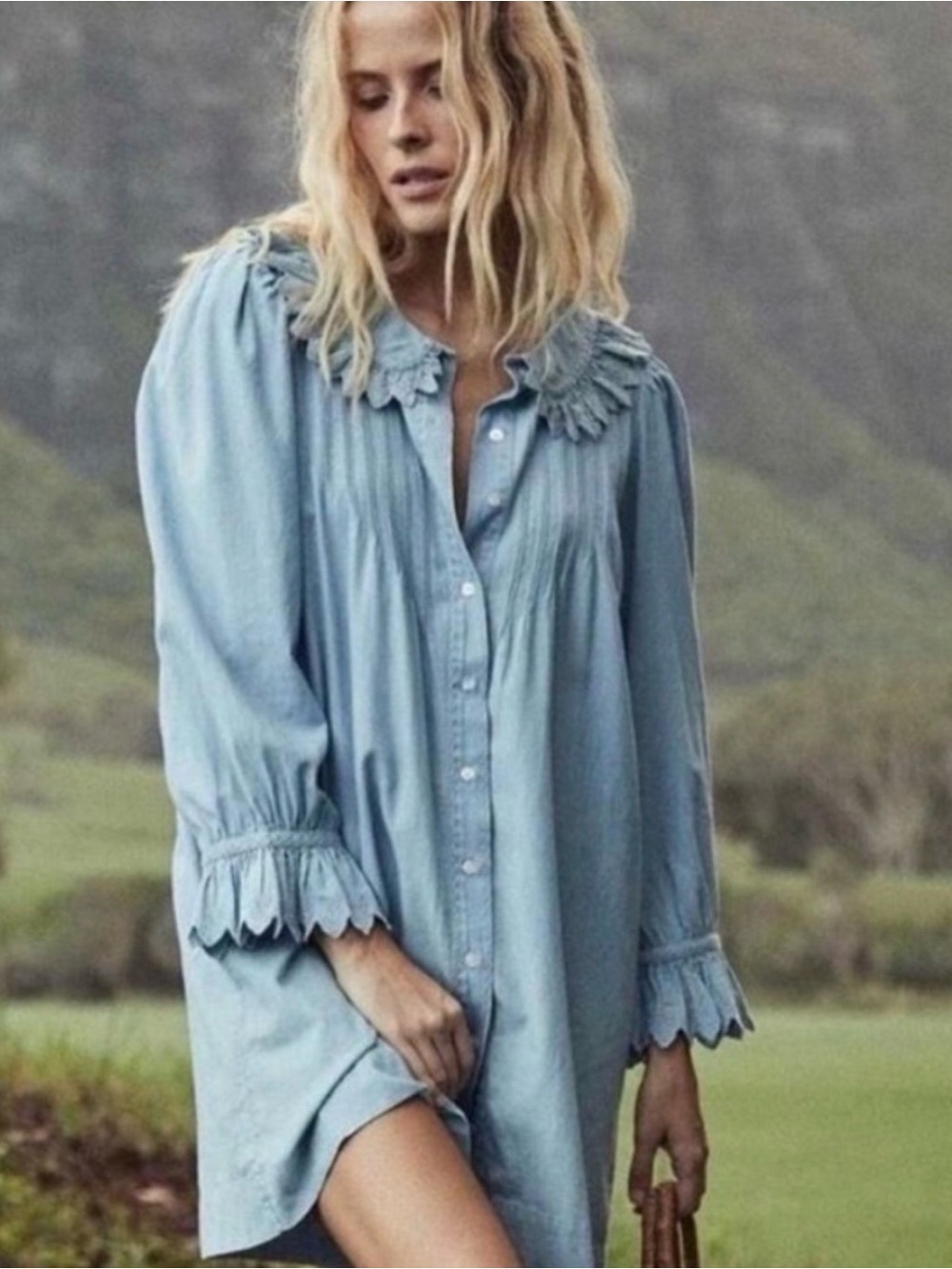 Doen Wing Chambray Ruffled Collar Mini Dress